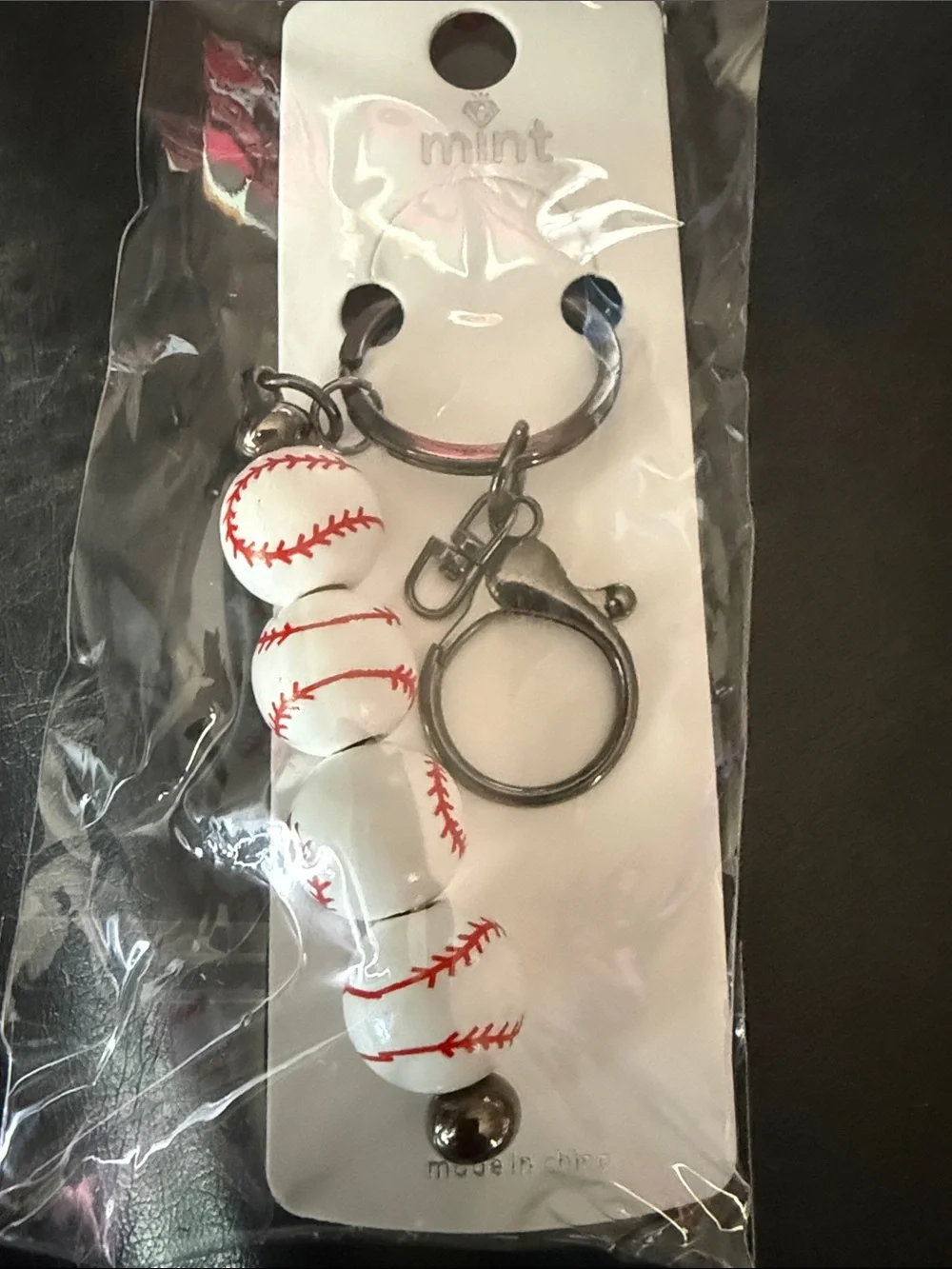 New Mint White Baseball Charm Key & Card Holder Charm with Red Stitching